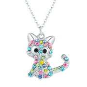Black Friday Deals Hjcommed Ladies Sterling Silver Jewelry Cat Pendant Necklace, Fashion Pet Cat Pendant Color Diamond Hollow Clavicle Necklace Colorful