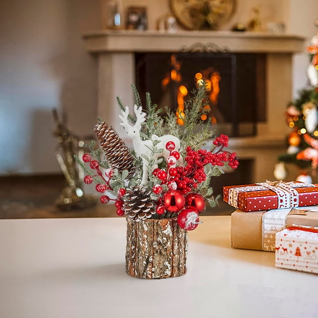 Uklsqma Desktop Mini Christmas Tree | Simulated Bark Barrel Base | Realistic Pine Needles | Space-Saving Tabletop Holiday Decor | Durable Non-Shedding Branches | Perfect for Desks Bookshelves Office