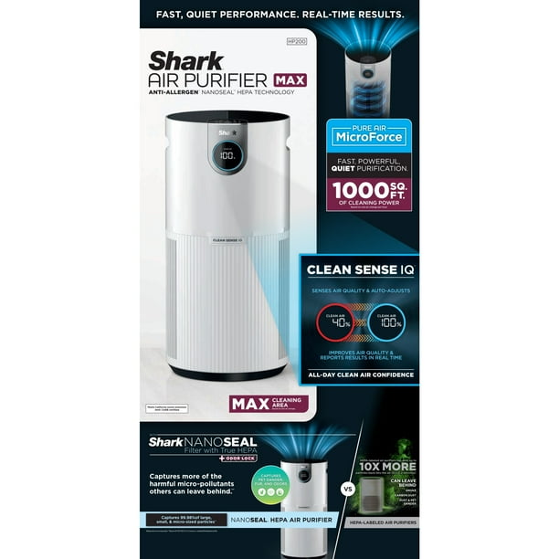 Shark MAX Air Purifier Machine with Nano Seal HEPA Filter, Cleansense IQ,  Odor Lock for 1000 Sq. ft. Space, White HP200