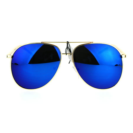 Mens Retro Mirror Lens Large Metal Rim Aviator Sunglasses Blue