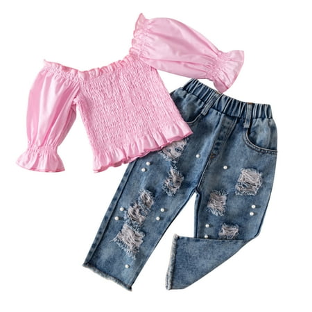 

XINSHIDE Toddler Kids Girls 1/2 Sleeve Off Shoulder Tshirt Tops Hole Denim Jeans Long Pants 2Pcs Outfits Set 1-6 Years Baby Clothing