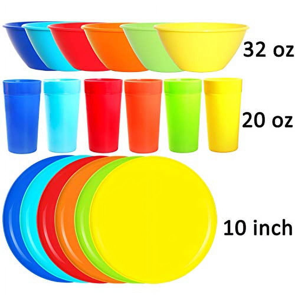 Youngever 18 Piece Plastic Kitchen Dinnerware Set, Plates, Dishes, Bowls, Cups, Service for 6 (Rainbow Colors)