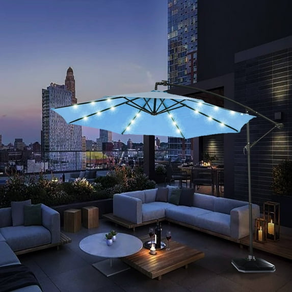 10ft Solar LED Cantilever Patio Umbrella, 360-Degree Rotation Hanging Offset Market Outdoor Sun Shade, Offset Umbrella with Cross Base, for Backyard, Deck, Poolside with Lights, Easy Tilt, Blue
