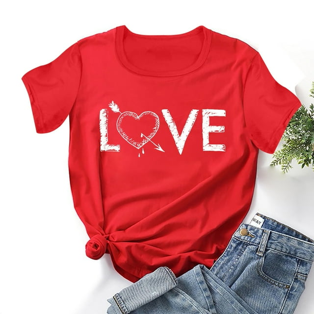 Hauts d'Été Grande Taille Mode Femmes Imprimé de la Saint-Valentin T-shirt à Manches Courtes Graphique Original Col en V T-shirt Femmes en Liquidation