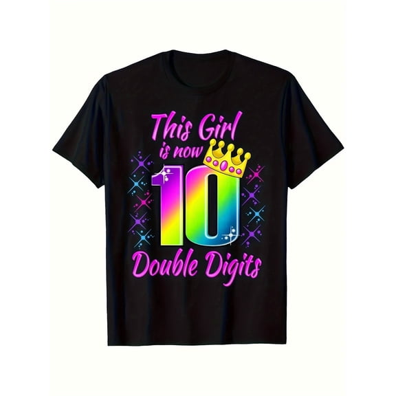 children’s wear Cute Rainbow Double Digits 10th Birthday T-Shirt for Girls, Retro Pink Princess Crown Graphic Tee for Kids