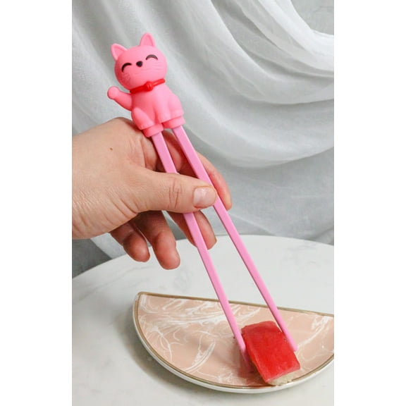 Pink Maneki Neko Lucky Cat Reusable Training Chopsticks Set With Silicone Helper