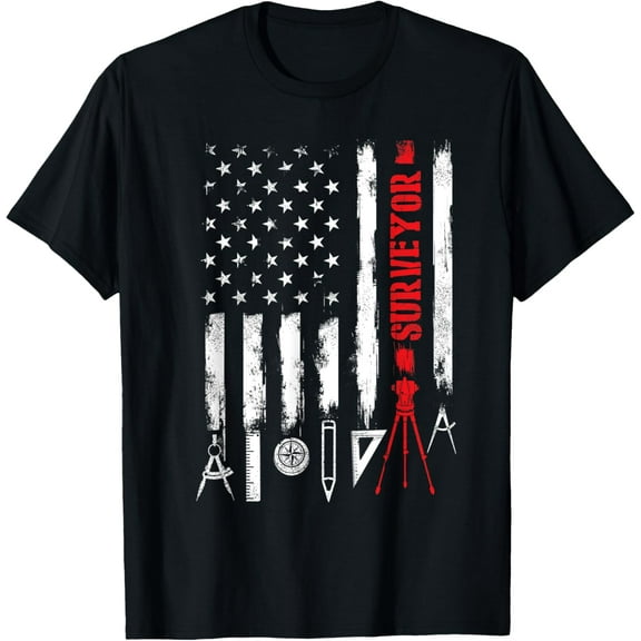 Patriotic USA Flag Land Surveyor Land Examiner Cartographer T-ShirtMen and women, Black T-shirt, size: Extra large