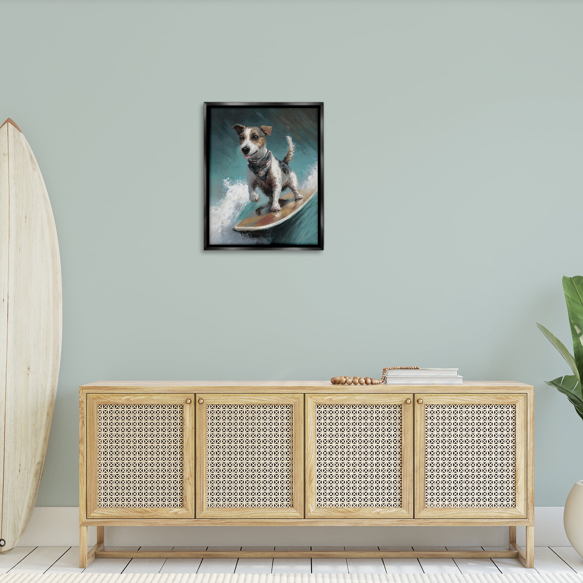 Stupell Industries Beachy Surfer Dog Animals Painting Black Floater Framed Canvas Art Print Wall Art, 25 x 31