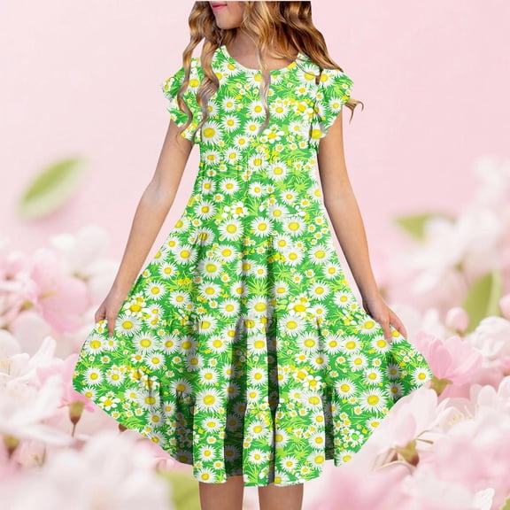 HOMADLES Floral Dresses for Girls with Pocket, Girls Summer Dress Girls Flower Printed Layered Dresses Princess Party Dress Dailywear Casual Dress Green 6-7 T