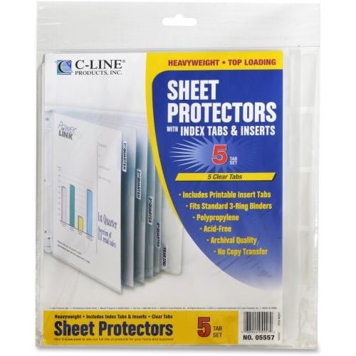 C-Line Heavyweight Poly Sheet Protectors with Index Tabs 5-Tab Set, Clear Tabs, Top Loading, 8 1/2 x 11, 5/ST, 05557