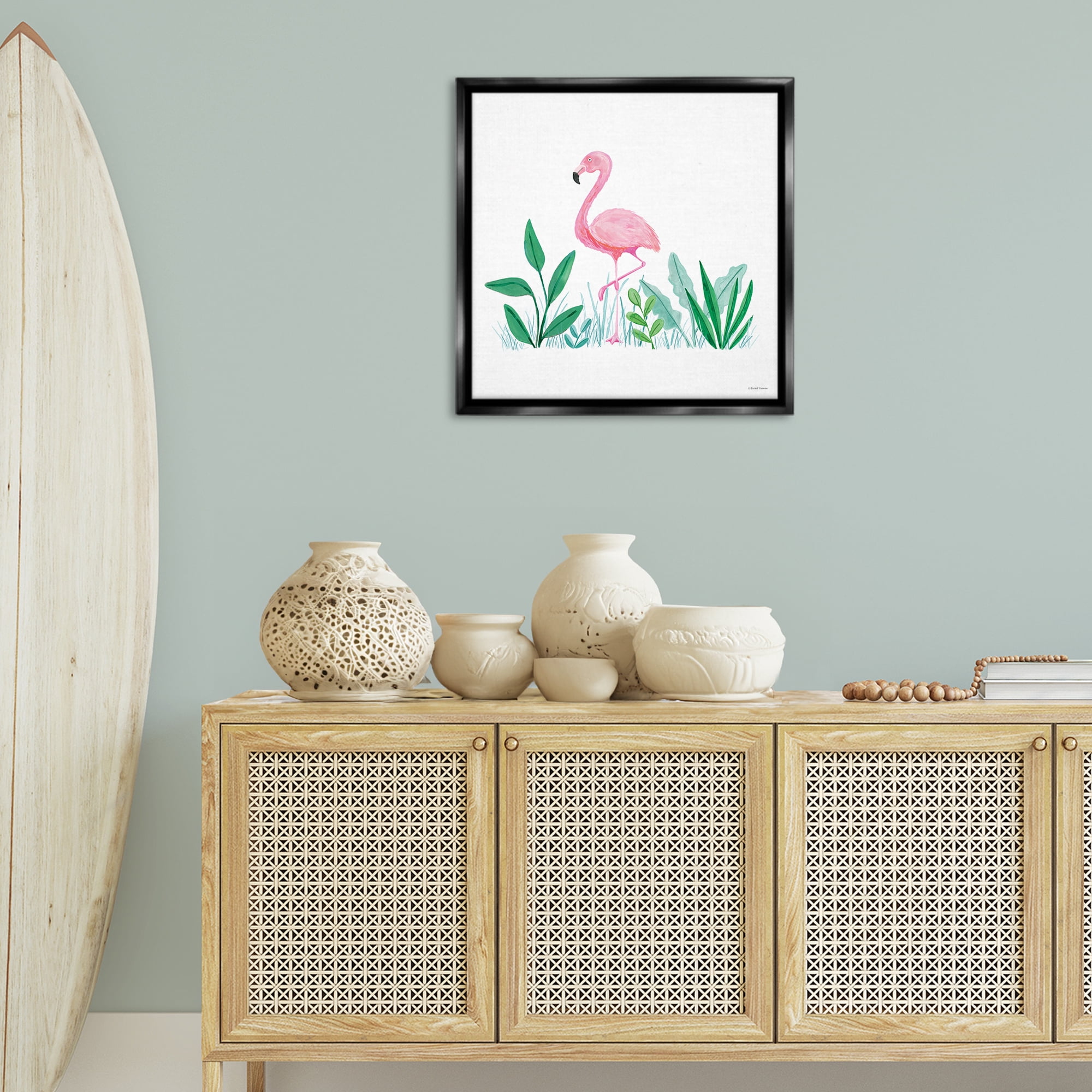 Stupell Industries Summer Flamingo & Fronds Animals Painting Black Floater Framed Canvas Art Print Wall Art, 25 x 25