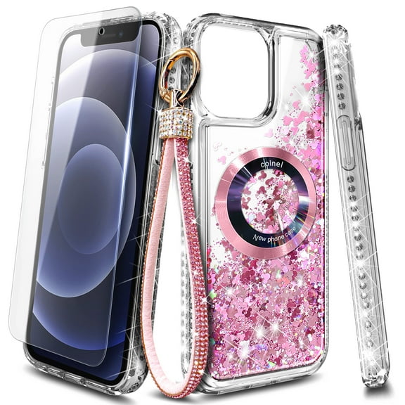 NageBee Designed for iPhone 11 Magnetic Case for MagSafe, Tempered Glass Screen Protector/Wrist Strap Lanyard, Glitter Floating Liquid Cute Case (Rose Gold)