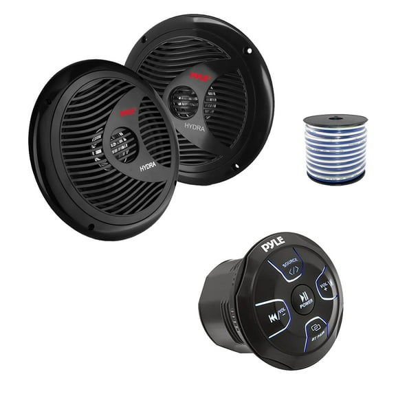 Pyle PLMRBT20 Marine 4-Channel Amplified Wireless Bluetooth Audio Controller, 2x 8'' 180 Watt Waterproof Marine Full Range Stereo Speakers (Black) w/Wire for Car, Truck, Boat, PowerSport Vehicles