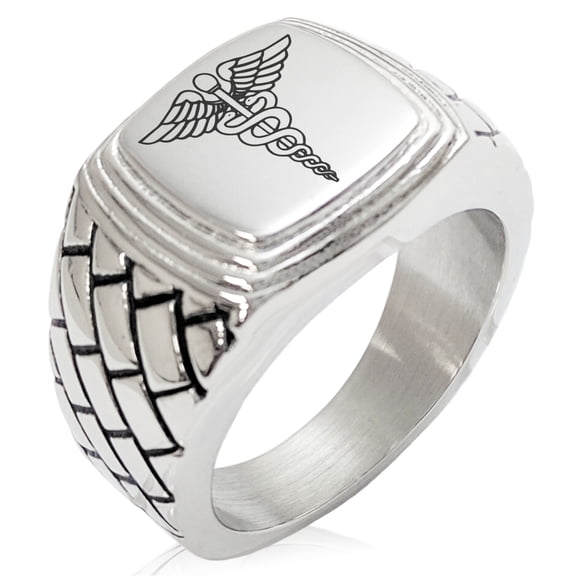 Tioneer Stainless Steel Geometric Pattern Step-Down Biker Style Polished Ring
