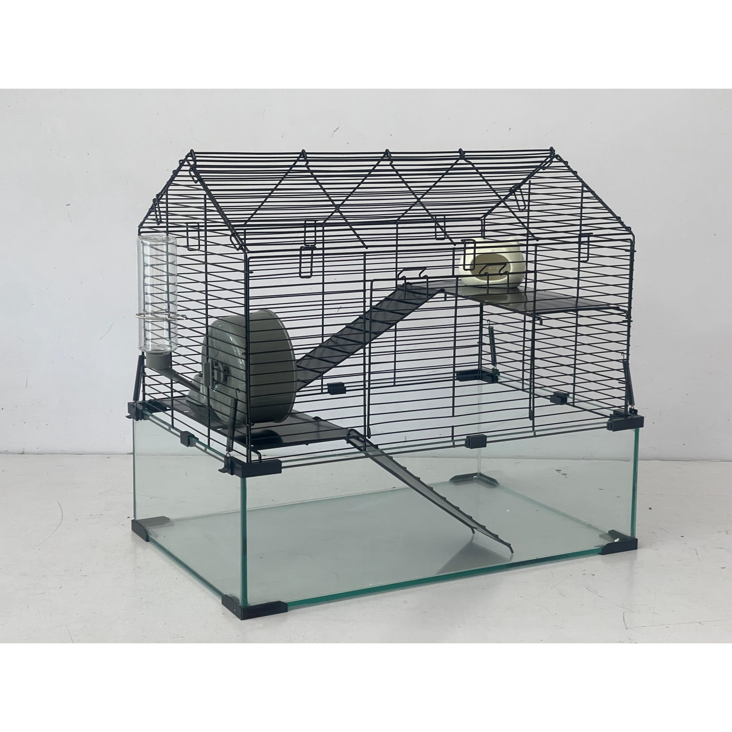 Large Hamster Cage, 3-Tier Gerbil Cages with Running Wheel, Water Bottle, Food Bowl, Ramps, Portable Hamster House with 7" Deep Glass Bottom for Syrian, Dwarf Hamster, Gerbils
