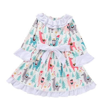

Rovga Xmas Toddler Kids Child Baby Girls Cute Cartoon Animals Long Ruffled Sleeve Patchwork Bowknot Princess Dress Christmas Outfits Clothes Soft Beautiful Dress