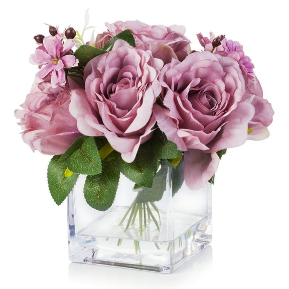 Enova Home Mixed Artificial Silk Roses Fake Flowers Arrangement in Cube Glass Vase with Faux Water for Home Office Wedding Decoration(Purple)