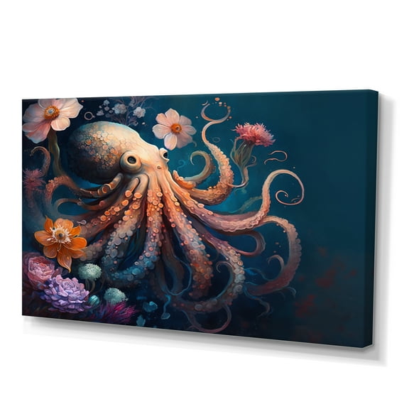 Designart Octopus In The Ocean With Flowers I Canvas Wall Art