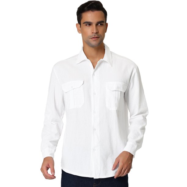 Lars Amadeus Camisa de lino para hombre, manga larga, informal, con botones, para playa, cargo blanco M Unique Bargains Camisa