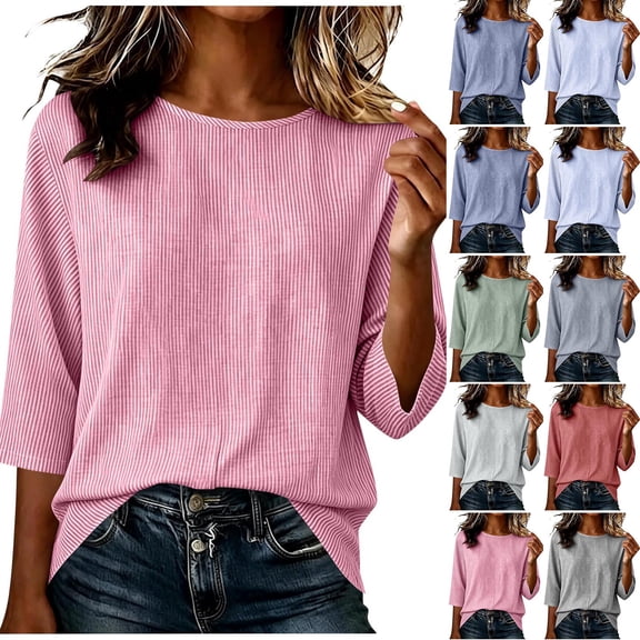 ThriftyPlait Casual Striped Tops for Women Cotton Crewneck 3/4 Sleeve T-Shirt Loose Slimming Drape Tunic Comfy Layering Everyday Office Knit Tops