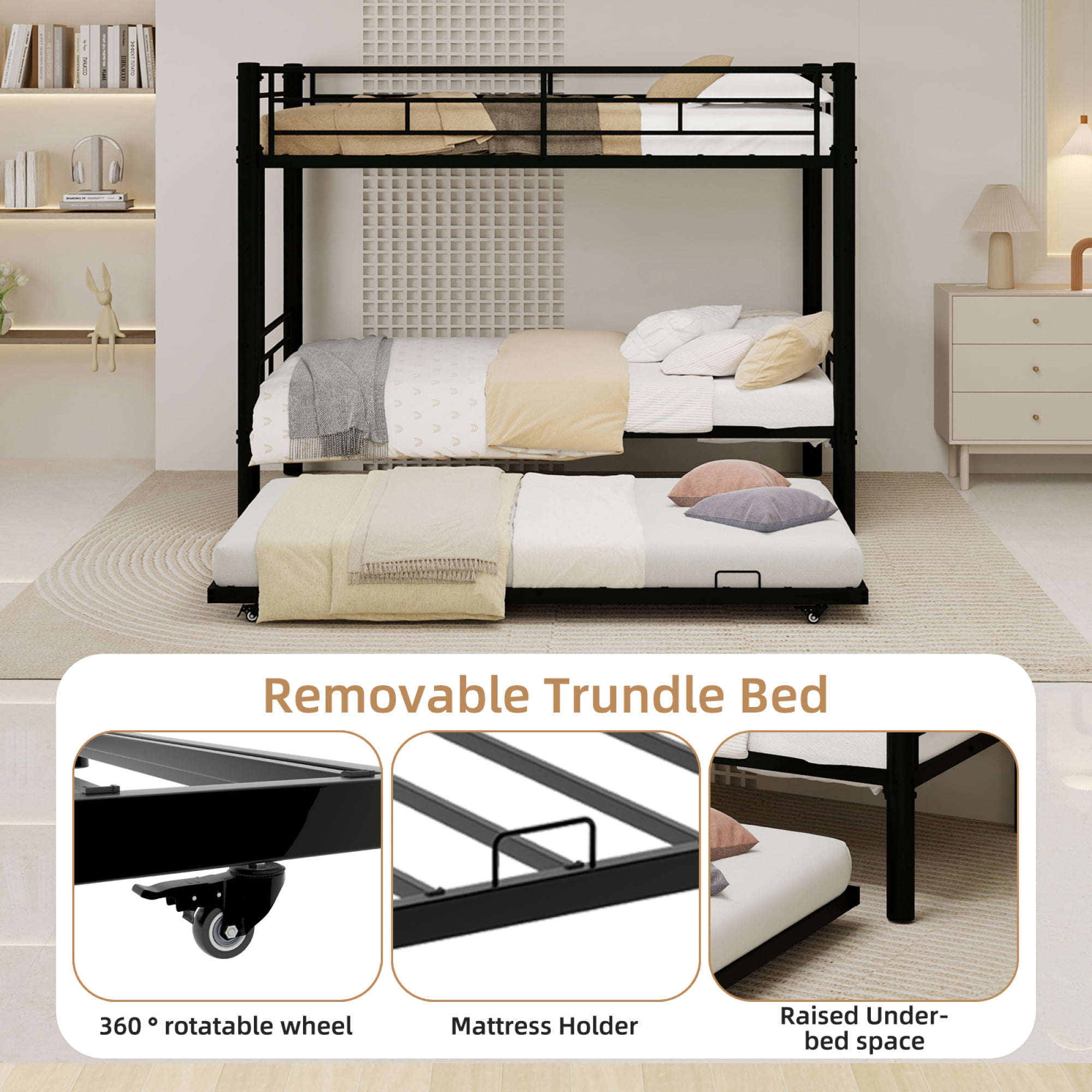 Twin over Twin Size Bunk Bed with Trundle, Heavy Duty Metal Bunk Bedframe with Ladder and Guardrails, Detachable Bunk Beds for Boys Girls