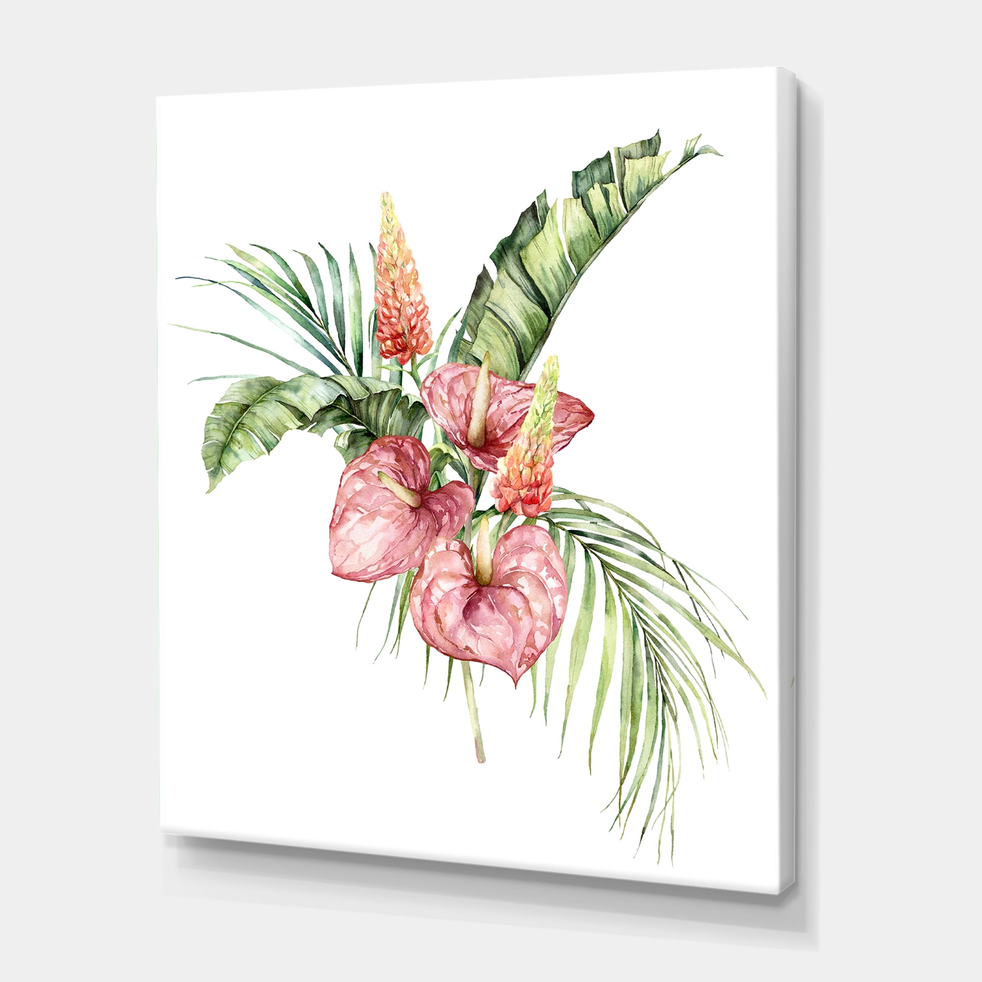 Designart ' Tropical Bouquet With Anthurium Lupine and Leaves On White II ' Traditional Canvas Wall Art Print