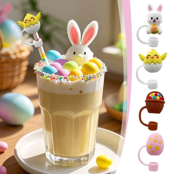 LHNFT 4 Pcs Easter Day Silicone Straw Cover Cap, 10mm Dustproof Drinking Straw Topper Accessories Compatible with 30 and 40 Oz Tumbler, Egg Easter Basket Stuffers Essentials, Easter Decorations