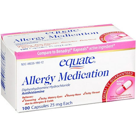 Equate: Diphenhydramine Hydrochloride Antihistamine Allergy Medication, 100 ct