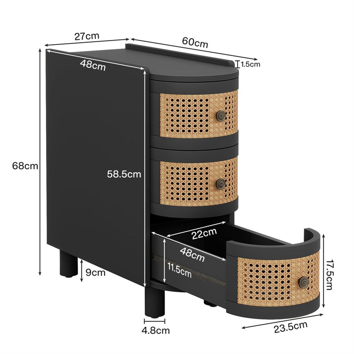 Demi Bonn 26" Wood Nightstand with 3-Drawers, Bedside End Table for Bedroom, Modern Rattan Side Table with Storage, Black
