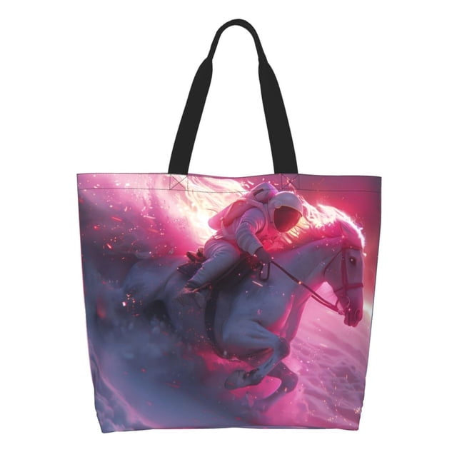 Balery Astronaut Riding Fiery Horse Bolsa Tote Estilo Estético con Cremalleras, Bolsa de Hombro, Bolsa de Compras Grande y Plegable
