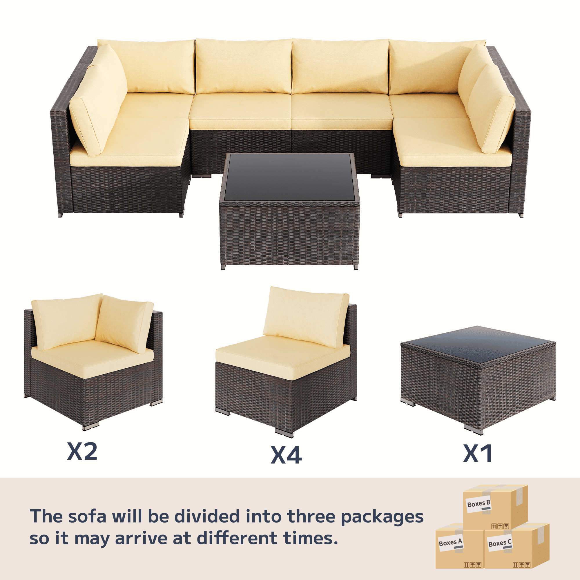Asofer 7-Piece Outdoor Patio Furniture, Conversation Sectional Set with Cushion , Glass table,for Porch, Poolside, Beige
