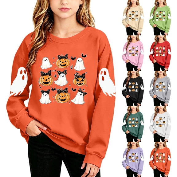 Qzwdhjm Girls Halloween Sweatshirt Cute Ghost Printed Crewneck Sweatshirts Long Sleeve Fleece Lined Pullover Tops for Halloween Party 2-15Y