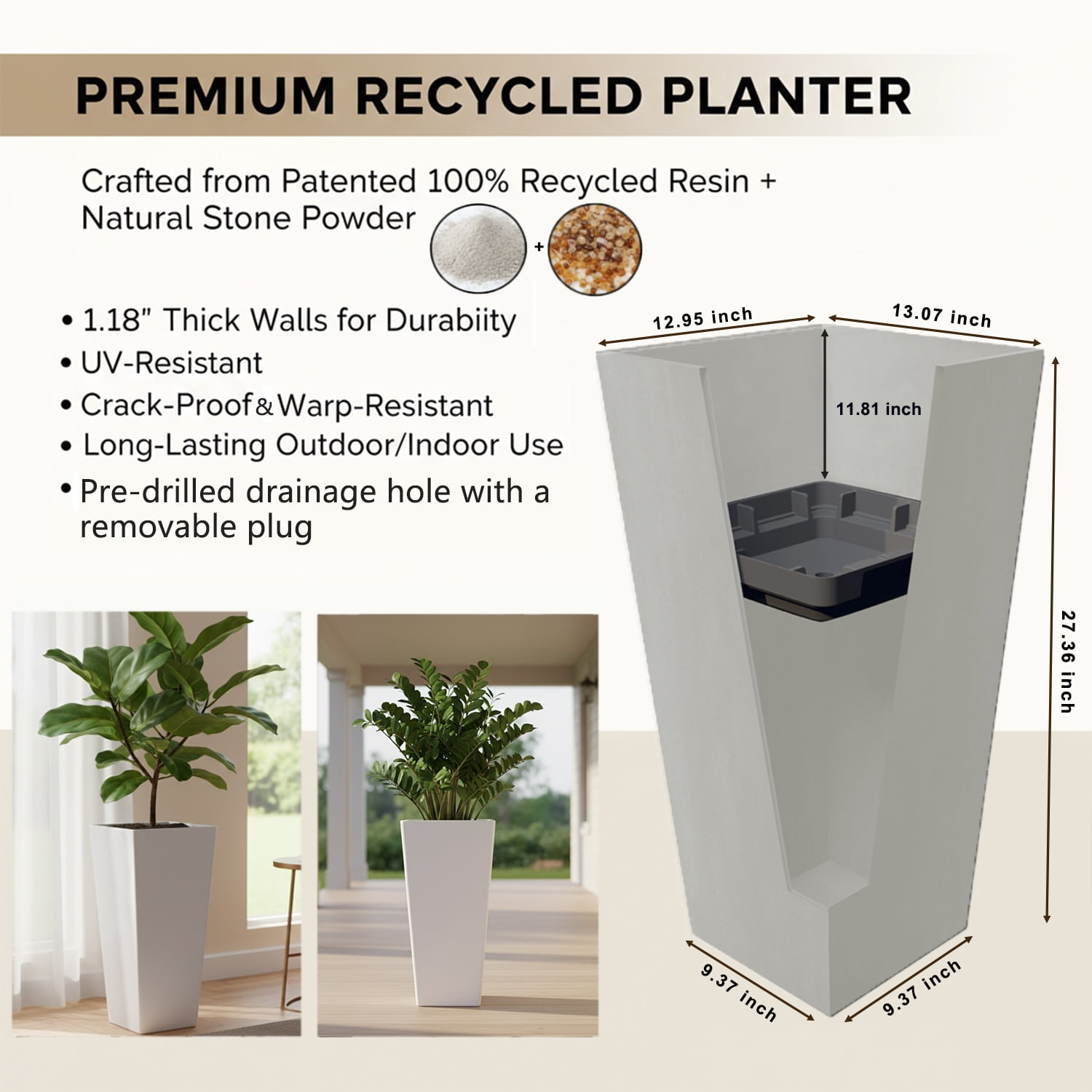 GreenShip 27 inch Large Outdoor Planter, Tall Planters for Outdoor Plants, Set of 2 Flower Pots with Drainage & Inner Shelf, Modern Decorative Garden Pots for Porch, Patio, Front Door