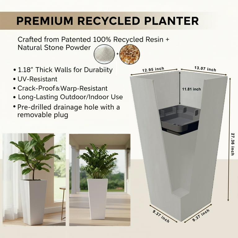 Greenship 27 inch Large Outdoor Planter, Tall Planters for Outdoor Plants, Set of 2 Flower Pots with Drainage & Inner Shelf, Modern Decorative Garden