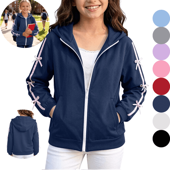 Gamivast Girls' Zip up Hoodie Long Sleeve Full Zip Hooded Sweatshirt with Bow Sleeve Detail and Front Pockets Relaxed Fit for Casual School Lounge Streetwear Fall and Winter Navy 4-5Years