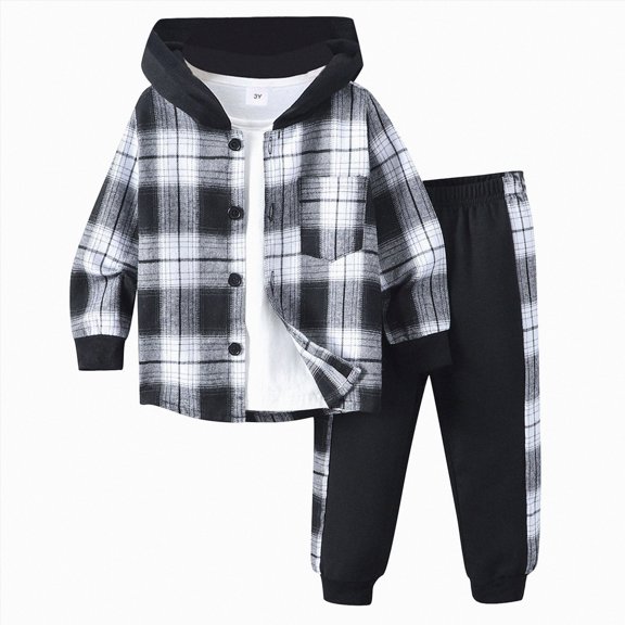 Xudanell Size 2-6 Years Toddler Boys Clothes Plaid Hooded & Pants 2 Piece Set Kids Boys Fall Outfits Sets(Black, 4 Years)