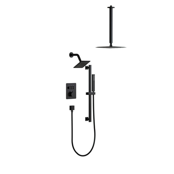 ANGELES HOME 10" Wall Mounted Square Shower Faucet Set with Thermostatic Mixing Valve, 3-function Diverter Shower System, Rainfall Shower Fixtures with Pressure Balance Valve, Matte Black