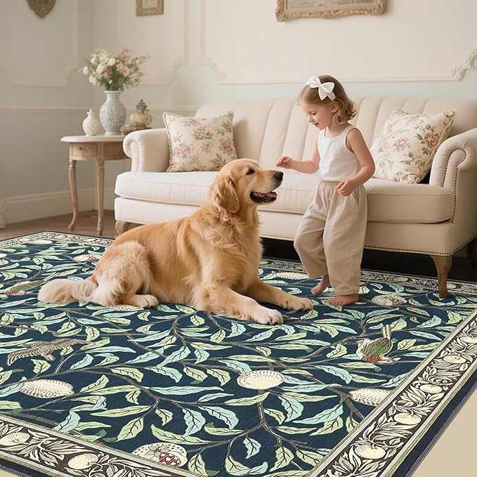 Washable Runner Rug 2x6 Non Slip Kitchen Hallway Runner Leaf Botanical Print Low Pile Throw Carpet Modern Home Decor Mat for Laundry Bathroom Indoor Use, Dark Blue