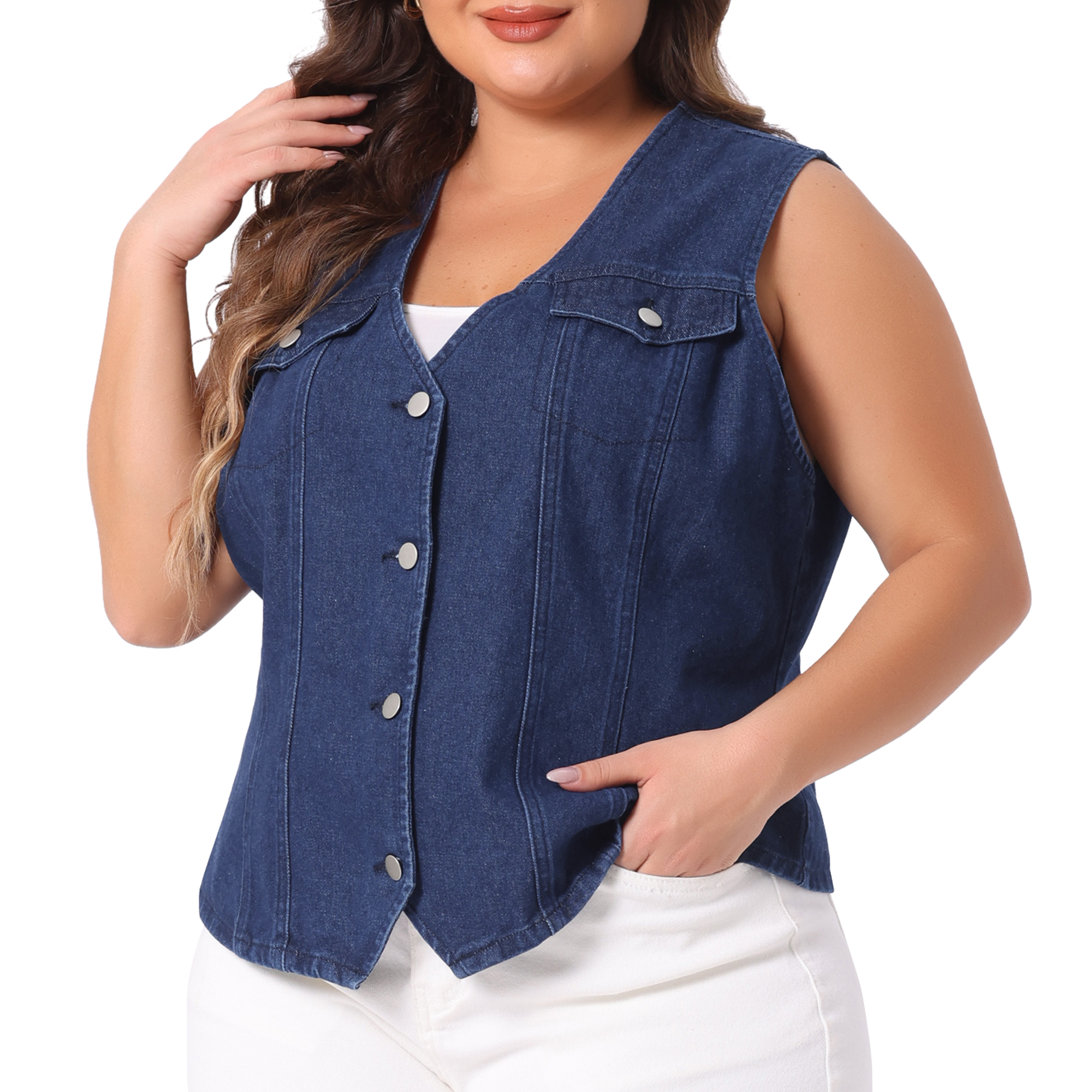 DARING DIVA Women's Plus Size V Neck Sleeveless Utility Denim Vests 2X Dark Blue