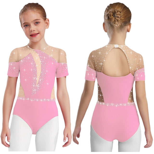 zdhoor Justaucorps à Manches Courtes pour Filles, Unité de Ballet Rythmique, Justaucorps de Danse, Combinaison de Patinage Artistique, Rose 10