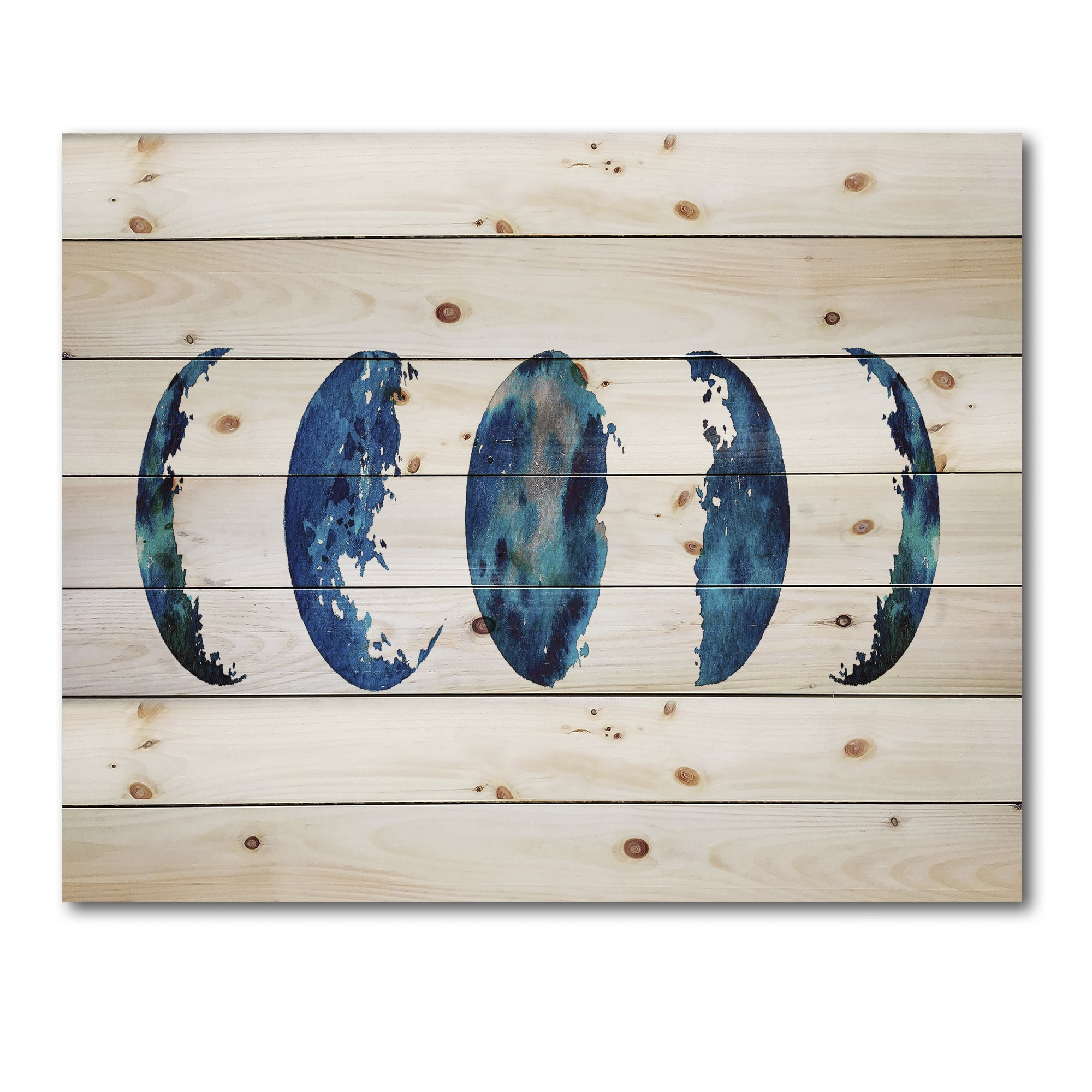 Designart 'Blue Moon Different Phases' Bohemian & Eclectic Print on Natural Pine Wood