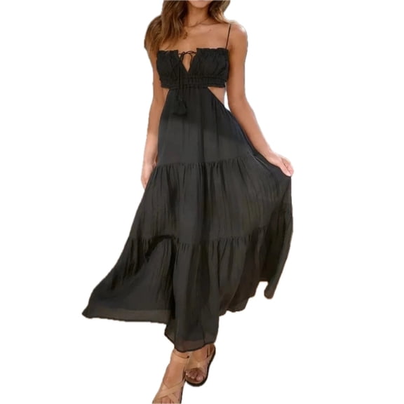 Women's Cutout Square Neck Midi Cami Dress with Ties and Ruched Backless Fit 95% Polyester 5% Spandex Imported Easy Care