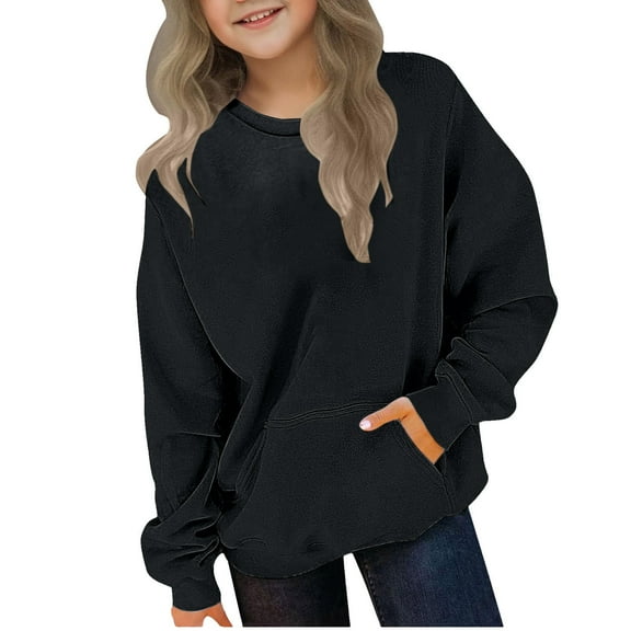 JUSLIO Girls Hoodie Round Neck Solid Color Hoodless Sweatshirt Unisex Pockets Long Sleeve Tops Sweatshirts Black（3 Years）