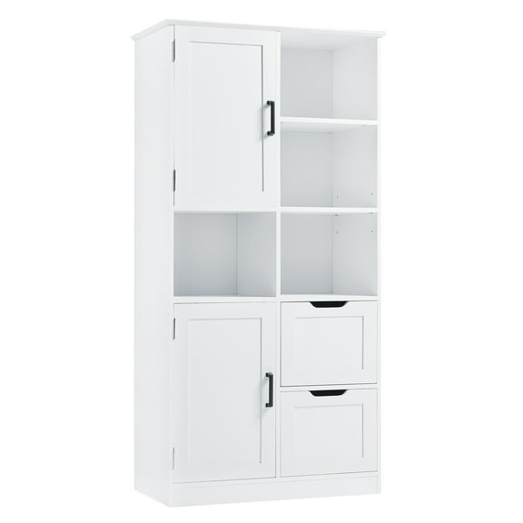 Bathroom Storage Cabinet With Doors And Drawers, Tall Storage Cabinet With Open Shelves & Adjustable Shelf, Freestanding Pantry Cabinet For Kitchen Living Room Bathroom