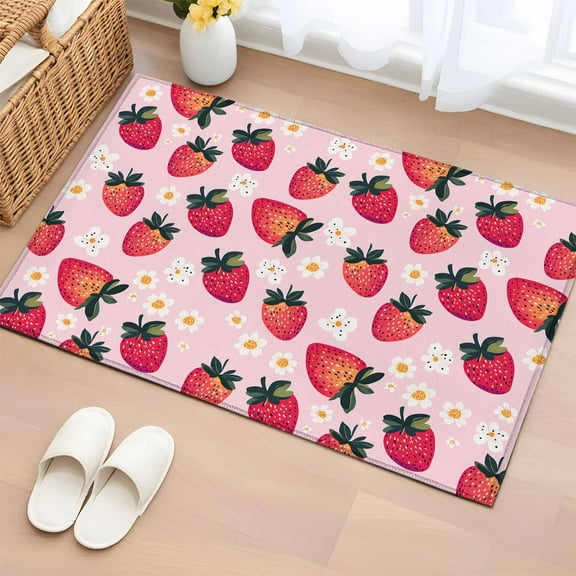 Strawberry Bathroom Rug Washable 2x3 Entryway Rug Non Slip Pink Spring Summer Rustic Floral Fruit Front Door Mat Low Pile Indoor Doormat Throw Floor Carpet for Kitchen Bedroom Entrance