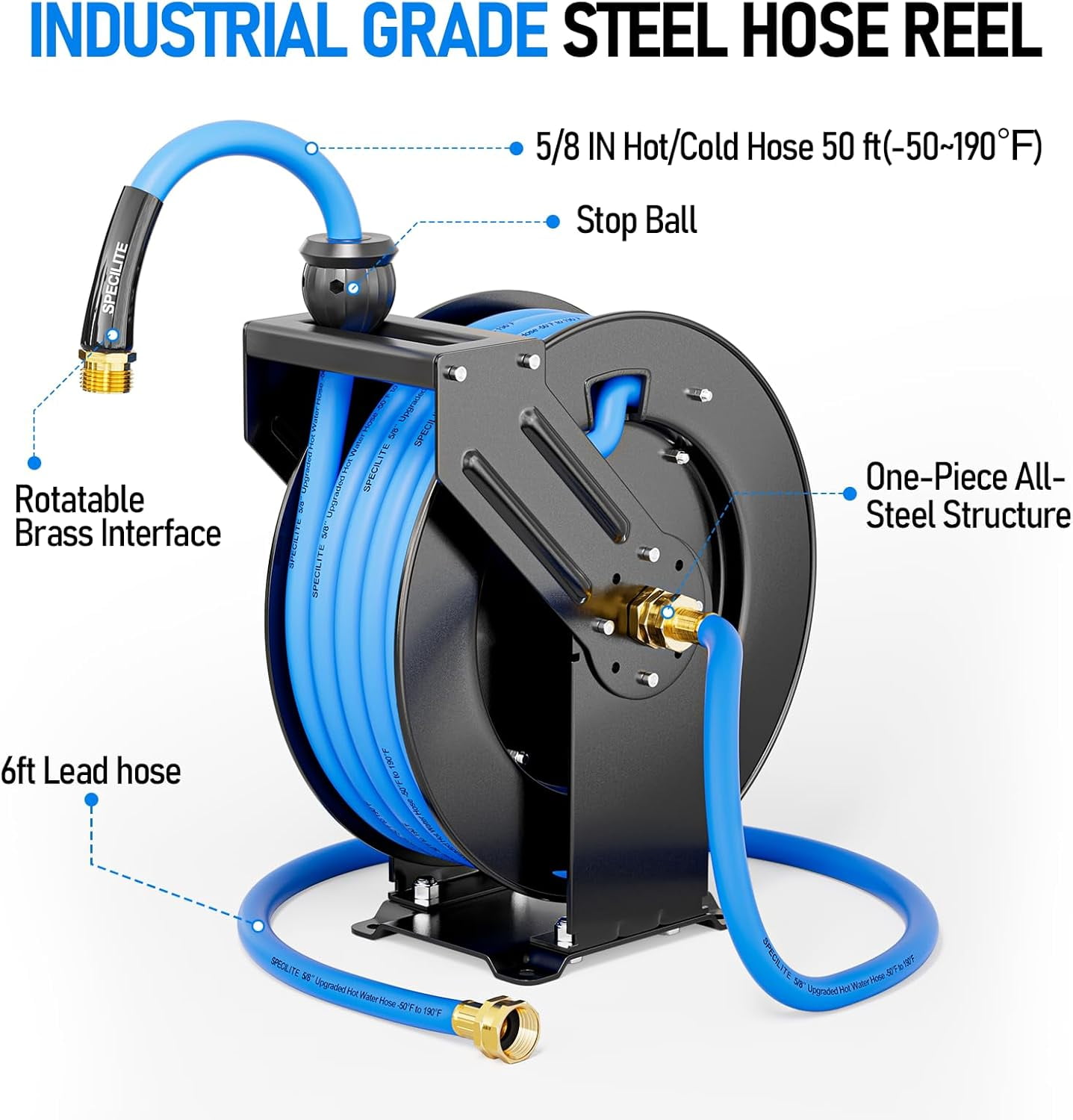 SPECILITE Retractable Hose Reel with 5/8'' 50ft Hot/Cold Garden Water Pipe, Sprayer Nozzle, Heavy Duty Metal Wall Mount Spool