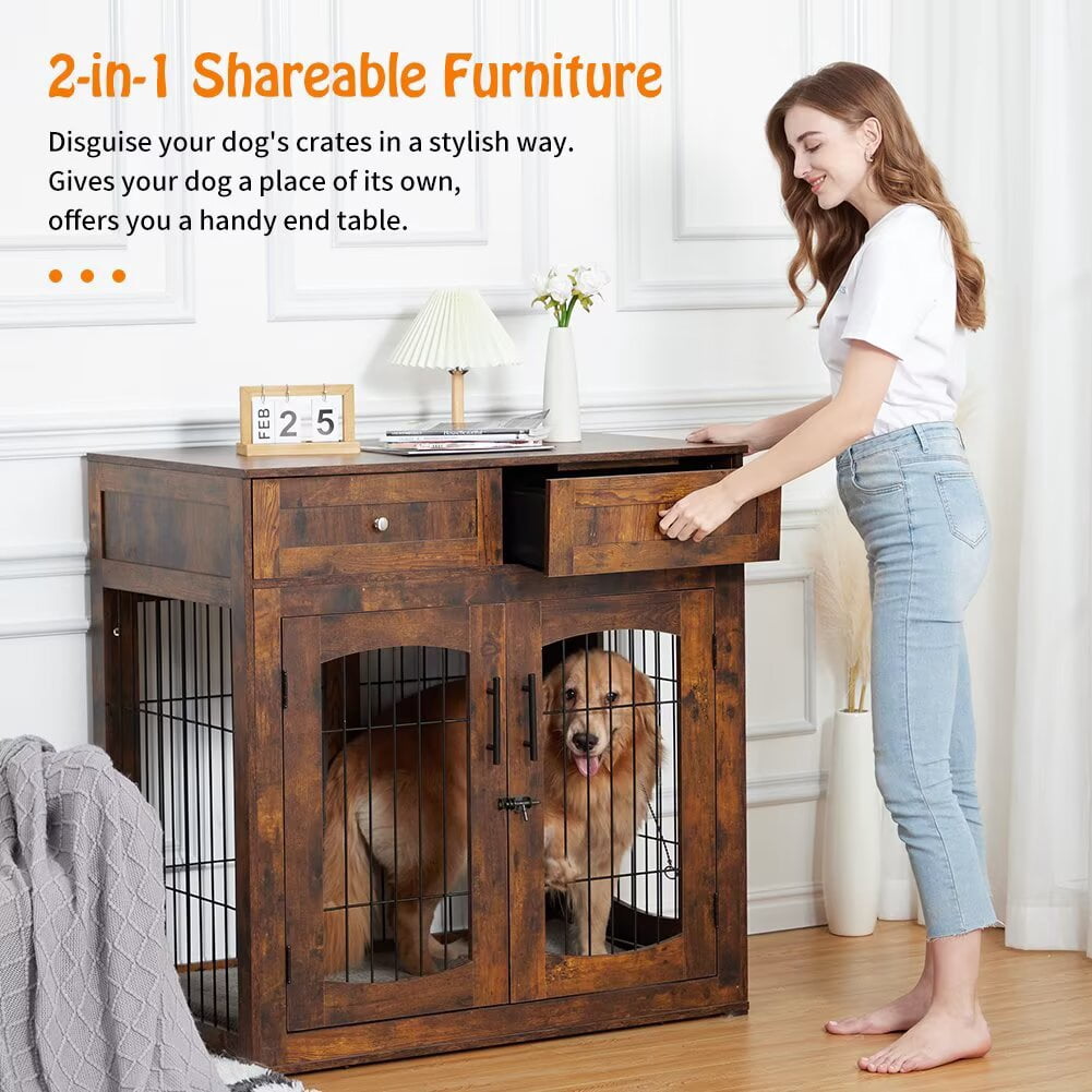 Large Dog Crate Furniture, 39.4" Wood Dog Kennel with Double Doors, Heavy Duty Dog Cage End Table with 2 Drawers, for Medium/Large Dogs, Rustic Brown