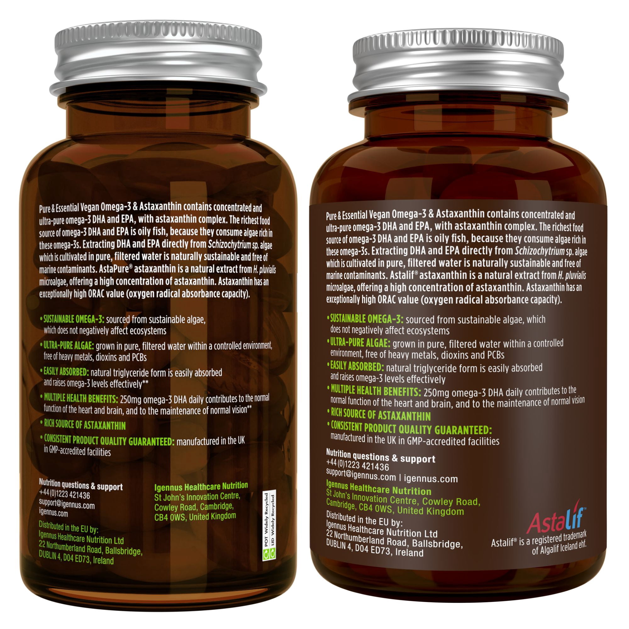 Igennus Vegan Omega-3 Algae Oil, IAOS Certified Pure, 400mg DHA & 200mg EPA per Serving, 90 Servings, Triglyceride Form, Supports Brain & Heart Health, with Astaxanthin, 180 Small Softgels