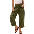 thumbnail image 5 of ZHYou No Boundarie Womens Wide Leg Capri Pants High Waisted Drawstring Elastic Waist with Pockets Contrast Stripe Loose Fit Casual Summer Cropped Trousers Army Green Size XL, 5 of 8