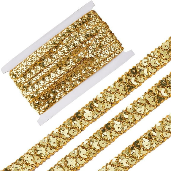 14.22 Yards Gold Elastic Sequin Ribbon Trim Flat Bling Paillette Trimming Metallic Glitter Stretch Sequins Beaded Strip Bulk for Sewing Making Crafts Clothes Dress Wedding Decor DIY Supply